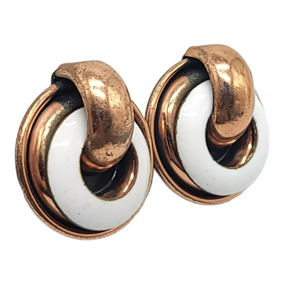 Matisse Renoir Copper Circle Clip On Earrings White Enamel Vintage Mid Century - Picture 2 of 4